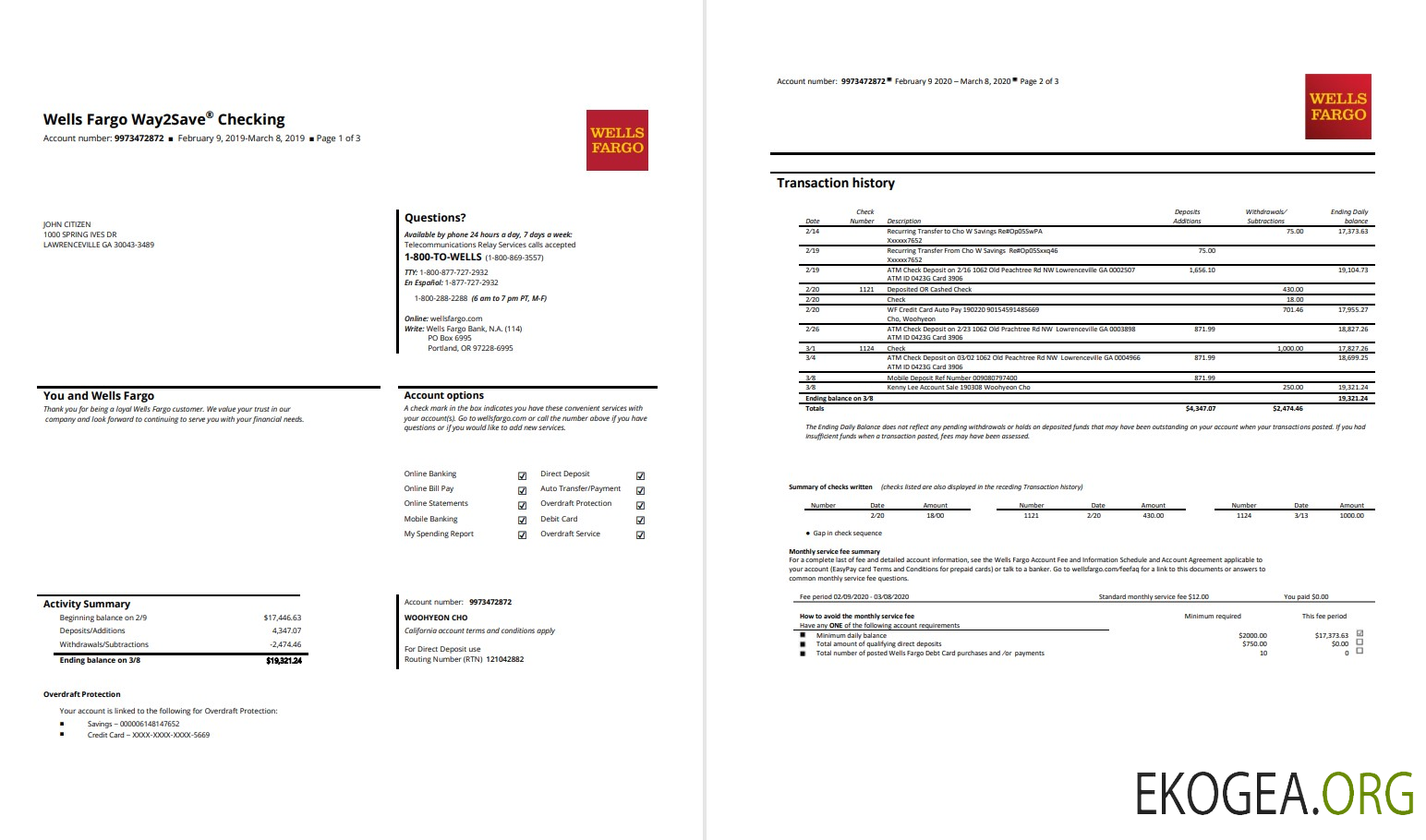 Relevé bancaire USA Wells Fargo 3 pages